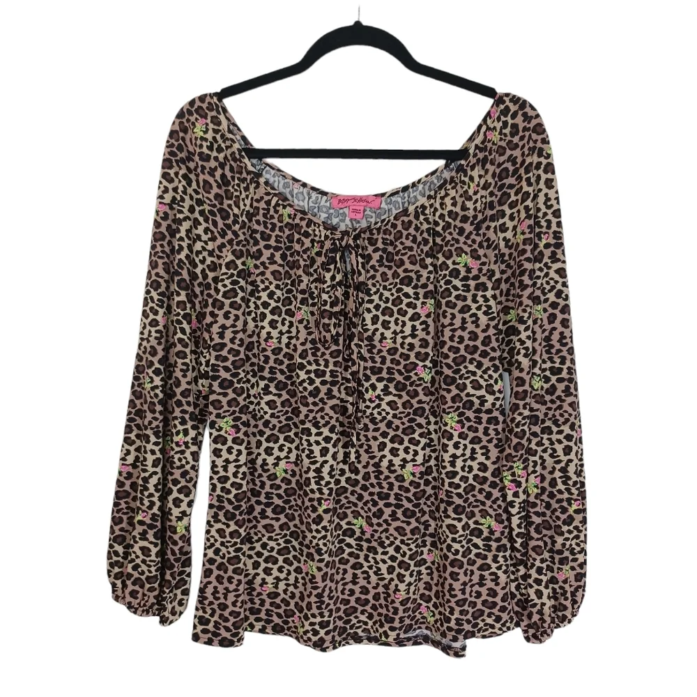 BETSEY JOHNSON Leopard Animal Print Floral Print Peasant Long Sleeve Top Large - Picture 1 of 7